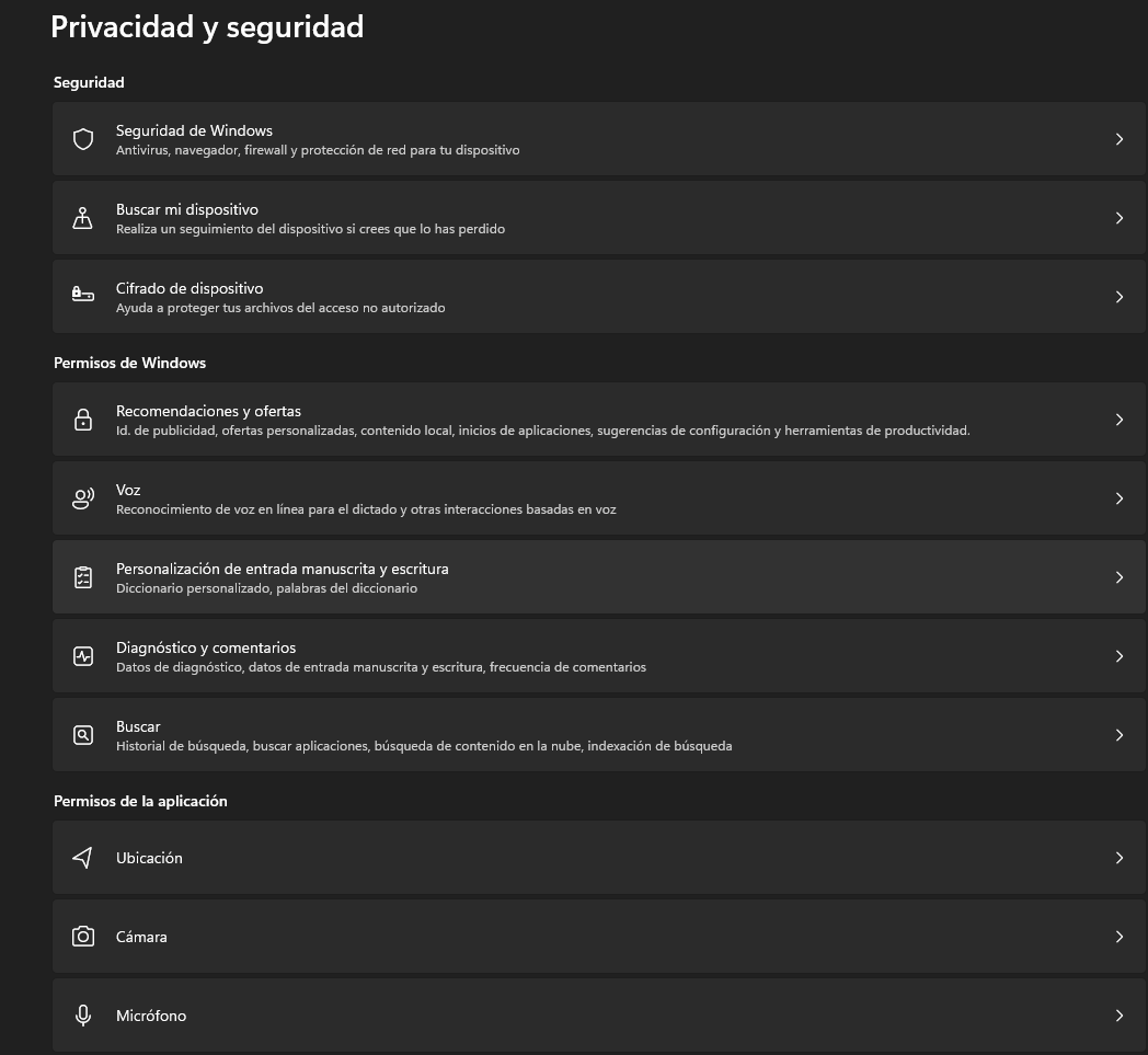 Privacidad y seguridad de Windows